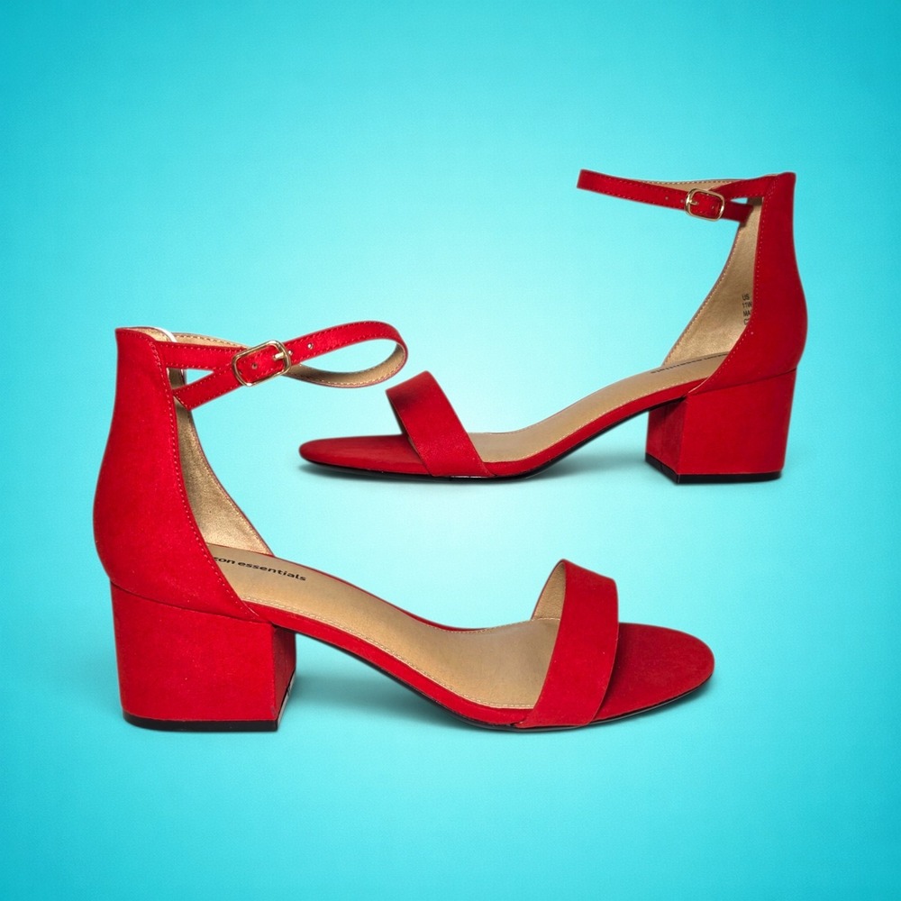 New Women's Bright Poppy Red Two-Strap Heeled Sandal, Style Nova, Size 11 Wide